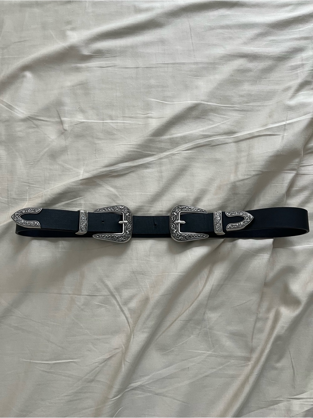Double Buckle Western Waist Belt in Black with Silver Hardware